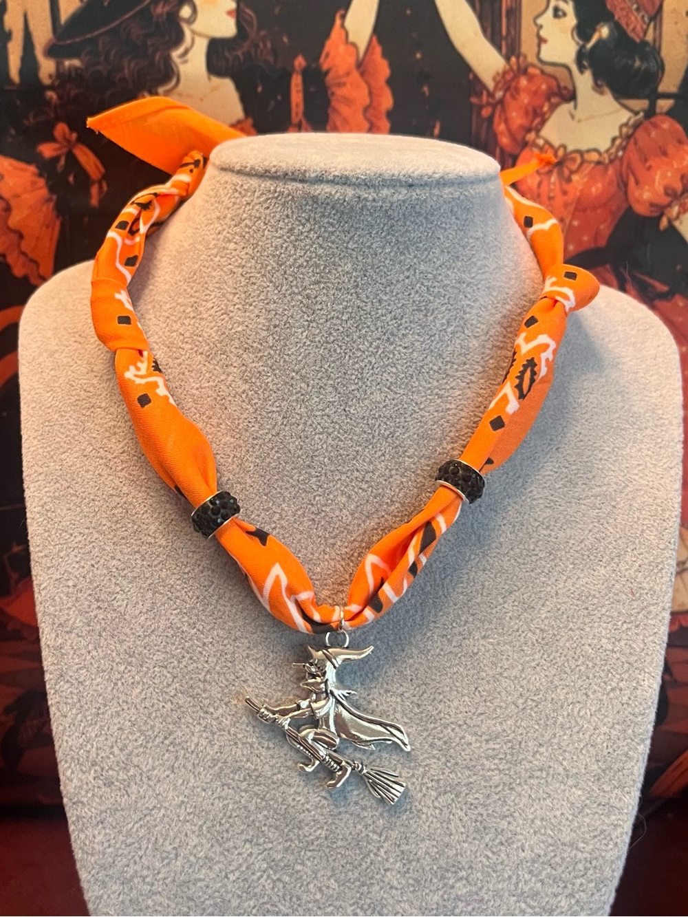 Halloween Orange Scarf Bandana Witch Pendant & Wrap Bracelet